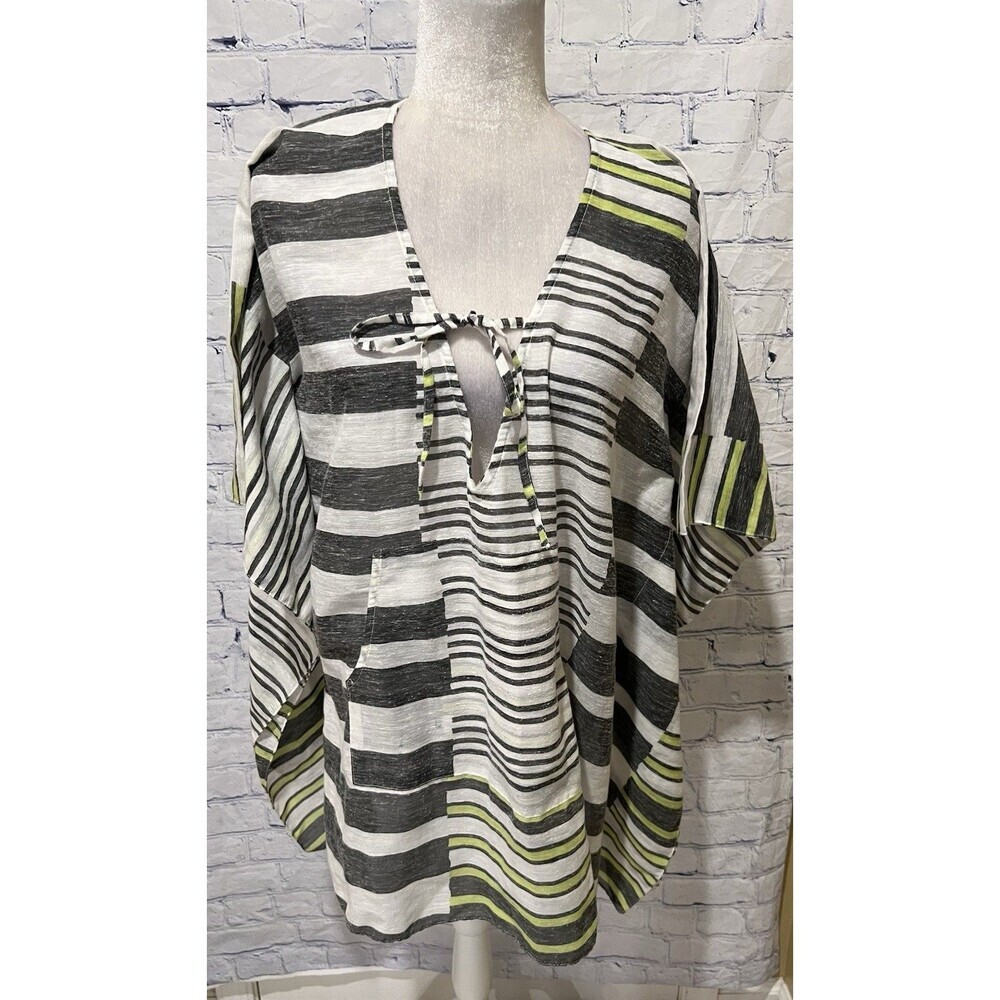 Echo Chiffon Poncho Kaftan Top Womens OS Gray White Striped Beachy Boho Tunic